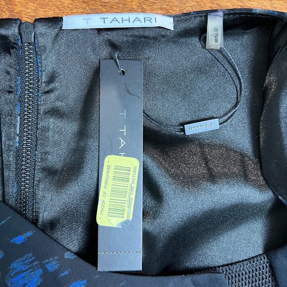 T Tahari Dress 12 Black Blue Abstract Pattern Mesh V-Neck A-Line Fit N Flare - Picture 9 of 14